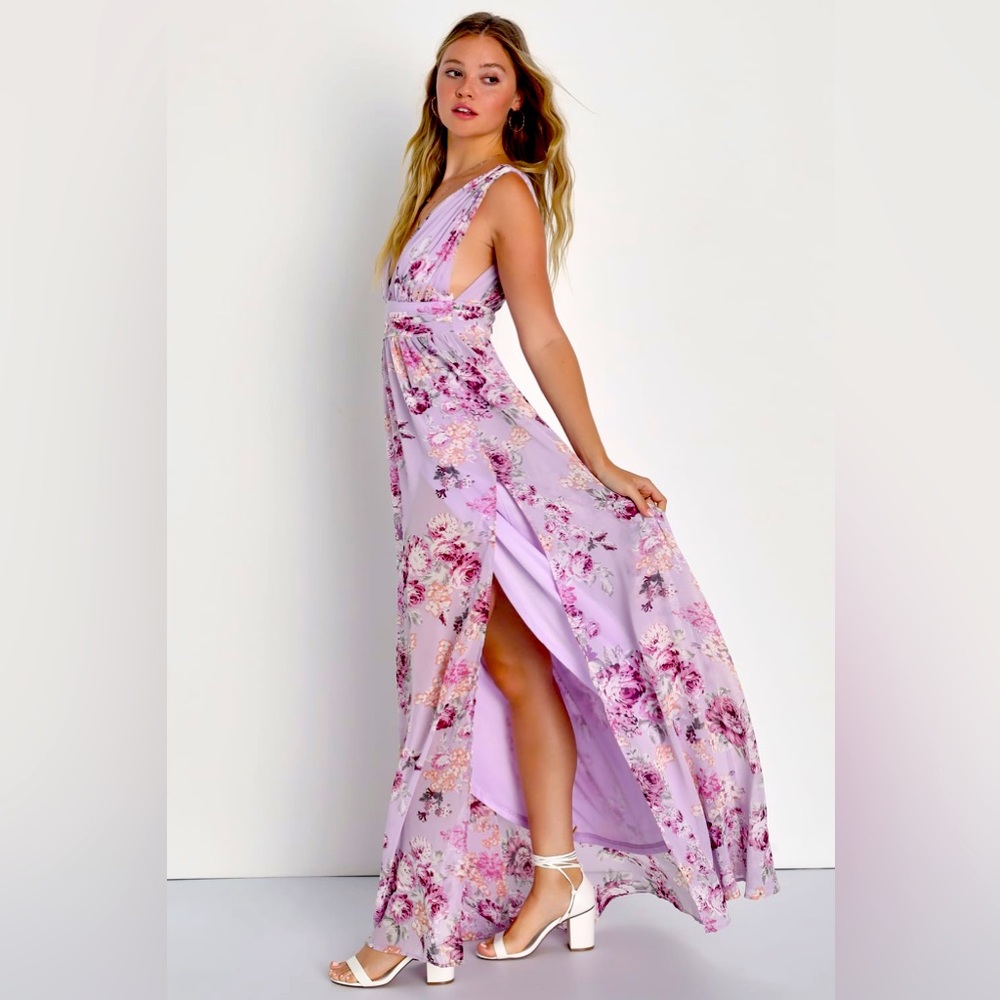 Lulus Garden Meandering Lavender Floral Print Maxi Dress